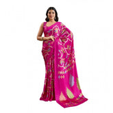 Pink satin crepe printed saree with unstitched blouse (5.5mtr)