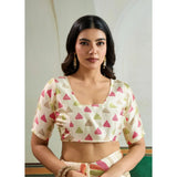 Women's Satin Crepe Printed Saree With Unstitched Blouse 5.5Mtr (Off White)