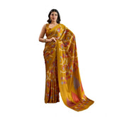 Women's Satin Crepe Printed Saree With Unstitched Blouse 5.5Mtr (Mustard)