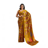 Mustard satin crepe printed saree with unstitched blouse (5.5Mtr) - elegant traditional Indian wear on mannequin