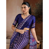 Women's Satin Crepe Printed Saree With Unstitched Blouse 5.5Mtr (Navy Blue)