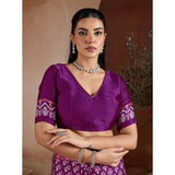 Women's Satin Crepe Printed Saree With Unstitched Blouse 5.5Mtr (Purple)