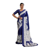 Women's Satin Crepe Printed Saree With Unstitched Blouse 5.5Mtr (Blue)