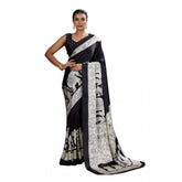 Black satin crepe printed saree with unstitched blouse (5.5mtr)