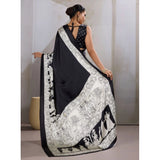 Women's Satin Crepe Printed Saree With Unstitched Blouse 5.5Mtr (Black)