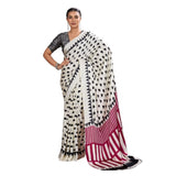 Women's Satin Crepe Printed Saree With Unstitched Blouse 5.5Mtr (White)