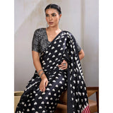 Women's Satin Crepe Printed Saree With Unstitched Blouse 5.5Mtr (Black)