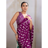 Women's Satin Crepe Printed Saree With Unstitched Blouse 5.5Mtr (Purple)