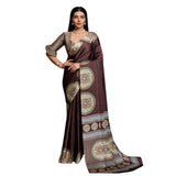 Women's Satin Crepe Printed Saree With Unstitched Blouse 5.5Mtr (Brown)