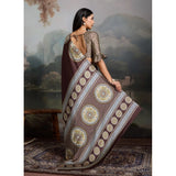 Women's Satin Crepe Printed Saree With Unstitched Blouse 5.5Mtr (Brown)