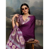 Women's Satin Crepe Printed Saree With Unstitched Blouse 5.5Mtr (Purple)