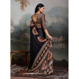 Women's Satin Crepe Printed Saree With Unstitched Blouse 5.5Mtr (Black)