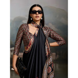 Women's Satin Crepe Printed Saree With Unstitched Blouse 5.5Mtr (Black)