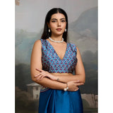 Women's Satin Crepe Printed Saree With Unstitched Blouse 5.5Mtr (Blue)