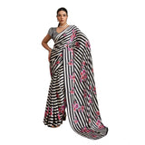 Women's Satin Crepe Printed Saree With Unstitched Blouse 5.5Mtr (Black)