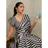 Women's Satin Crepe Printed Saree With Unstitched Blouse 5.5Mtr (Black)