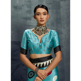 Women's Satin Crepe Printed Saree With Unstitched Blouse 5.5Mtr (Sky Blue)