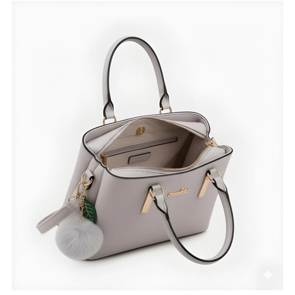 Grey PU Leather Solid Handbag with 2 compartments, adjustable strap & zipper closure