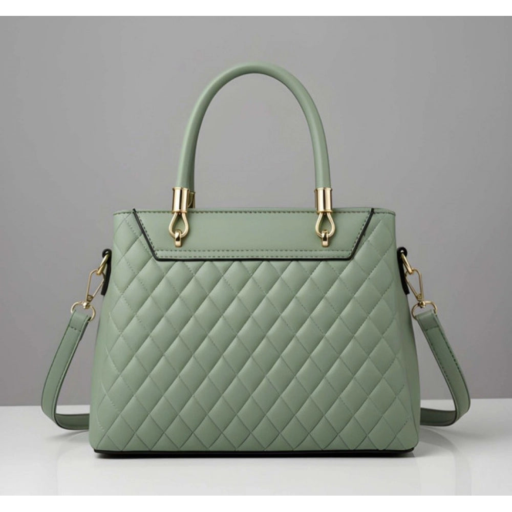 Green PU leather solid shoulder zipper handbag with 3 compartments, polyester lining, and adjustable/removable strap