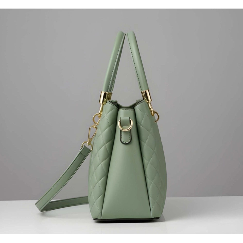 Green PU Leather Solid Handbag - 3 compartments, adjustable strap, zipper closure