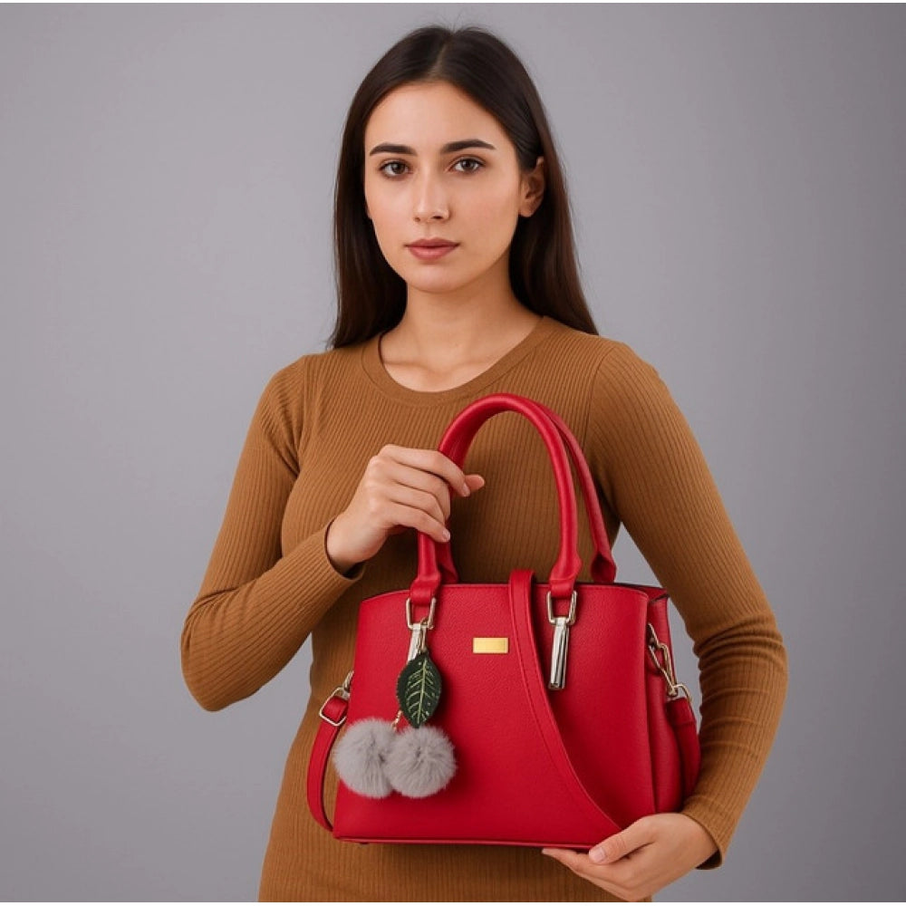 Red PU leather solid shoulder handbag with 3 compartments, polyester lining, adjustable-removable strap, and zipper closure