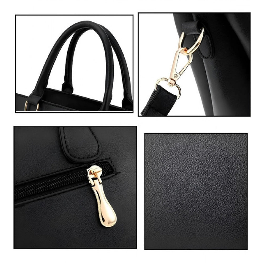 Black PU leather solid shoulder zipper handbag with 3 compartments, polyester lining, adjustable-removable strap, and dual handle