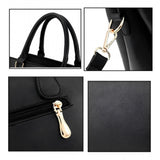 Black PU leather solid shoulder zipper handbag with 3 compartments, polyester lining, adjustable-removable strap, and dual handle