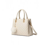 Cream PU leather solid shoulder handbag with 2 compartments, polyester lining, adjustable strap, and zipper closure