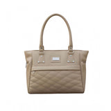 Beige PU leather handbag for women, 4 compartments, adjustable strap, dual handles & zipper closure