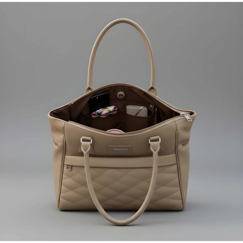 Beige PU leather solid shoulder handbag with adjustable strap and zipper closure, polyester lining