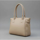 Beige PU leather handbag with 4 compartments, adjustable strap, and zipper closure