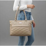 Beige PU leather solid shoulder zipper handbag with 4 compartments, adjustable strap & polyester lining