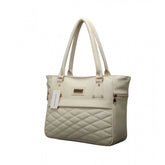 Cream PU leather handbag with adjustable strap and zipper closure. Four compartments lined with polyester, ideal for women's accessories