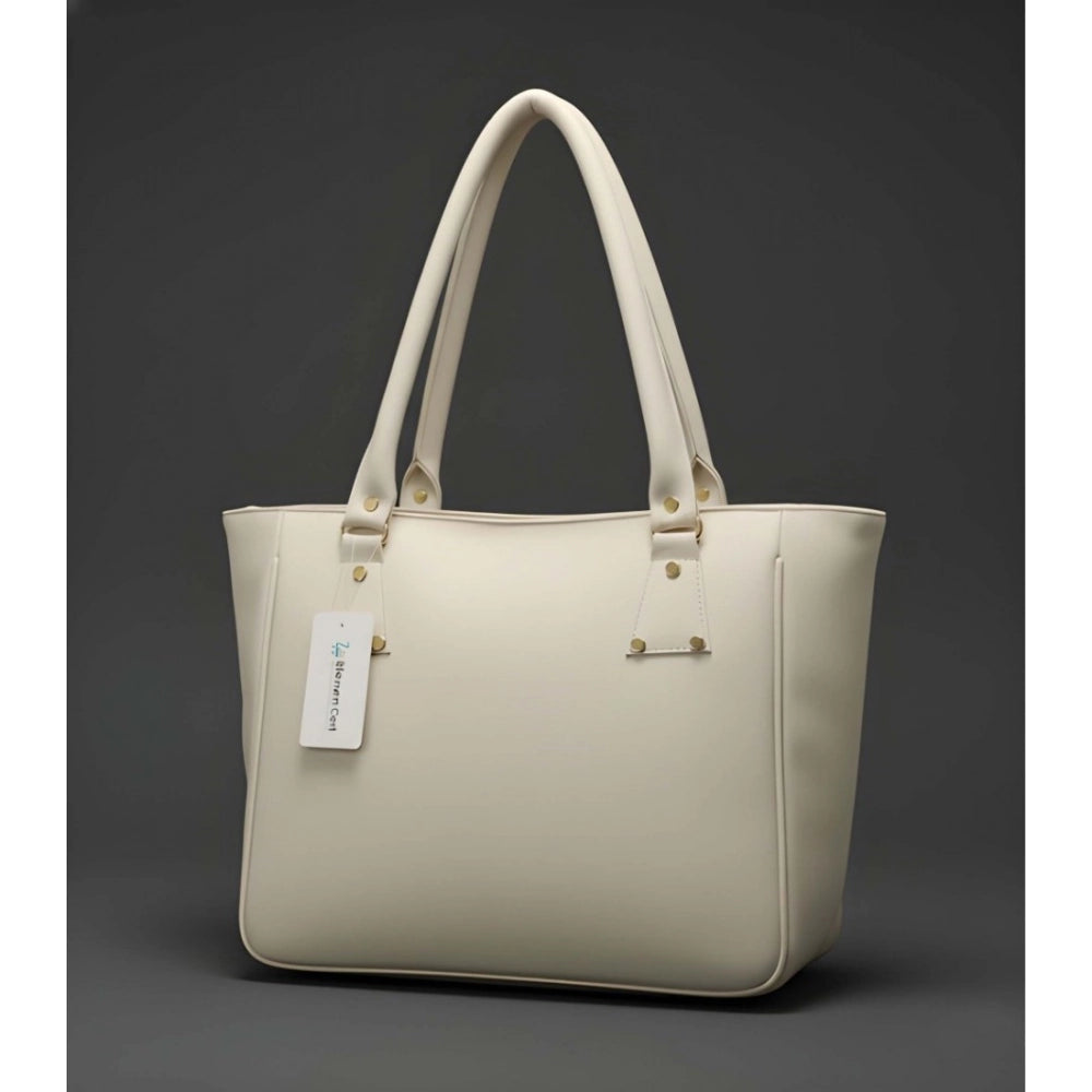 Cream PU leather handbag for women, features adjustable strap, zipper closure, polyester lining, and four compartments