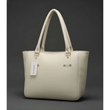 Cream PU leather handbag for women, features adjustable strap, zipper closure, polyester lining, and four compartments