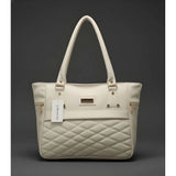 Cream PU leather handbag with 4 compartments, polyester lining, adjustable strap, and zipper closure