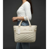 Cream PU leather shoulder handbag with four compartments, adjustable strap, and zipper closure