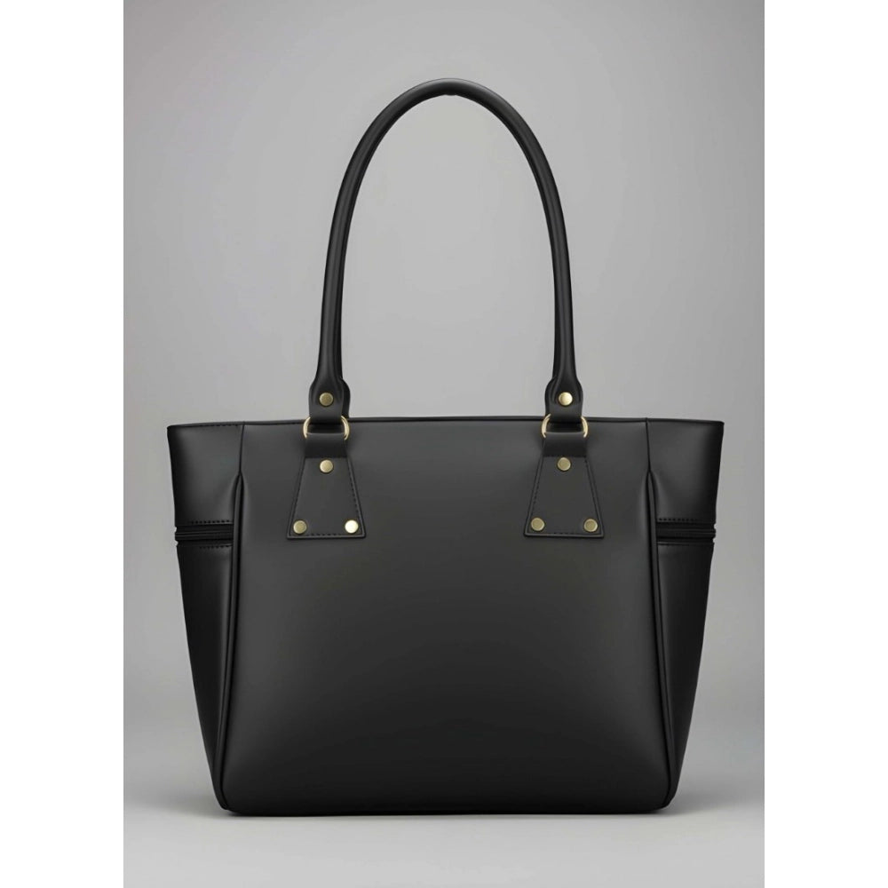 Black PU leather solid shoulder handbag with 4 compartments and adjustable strap