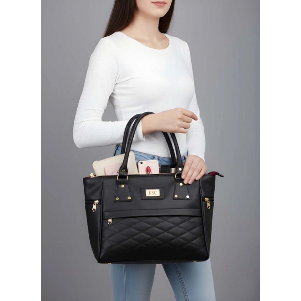 Black PU leather solid shoulder zipper handbag with 4 compartments, polyester lining, adjustable strap, and dual handle
