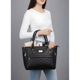 Black PU leather solid shoulder zipper handbag with 4 compartments, polyester lining, adjustable strap, and dual handle