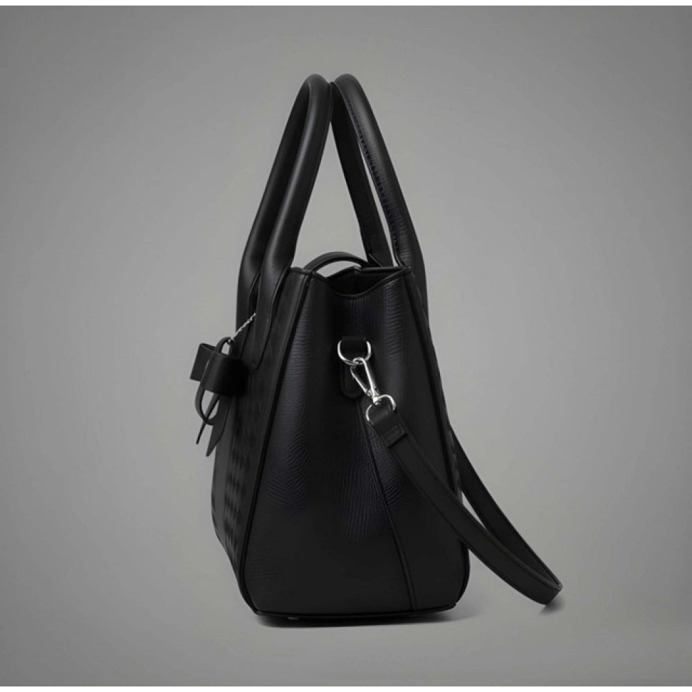 Black PU Leather Solid Handbag, dual handle, adjustable strap, zipper closure, polyester lining