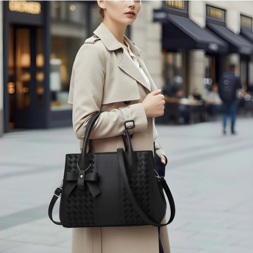 Black PU Leather Women's Solid Shoulder Handbag with dual handles & zipper closure, polyester lined & adjustable/removable strap