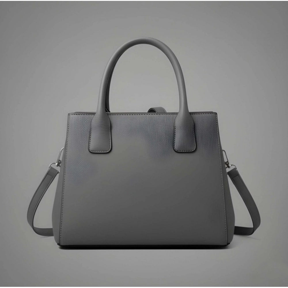 Grey PU Leather Solid Shoulder Handbag with adjustable-removable strap and zipper closure