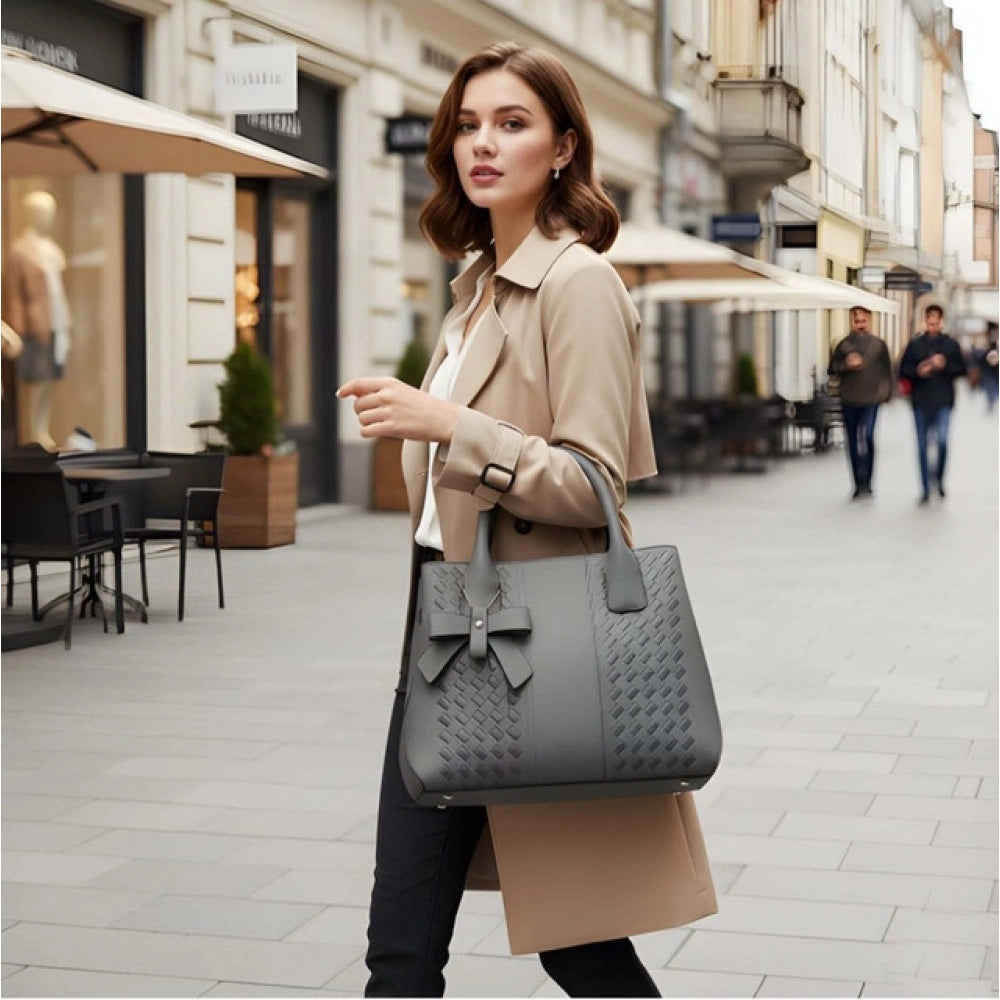 Grey PU Leather Solid Shoulder Zipper Handbag with adjustable and removable strap, polyester lining