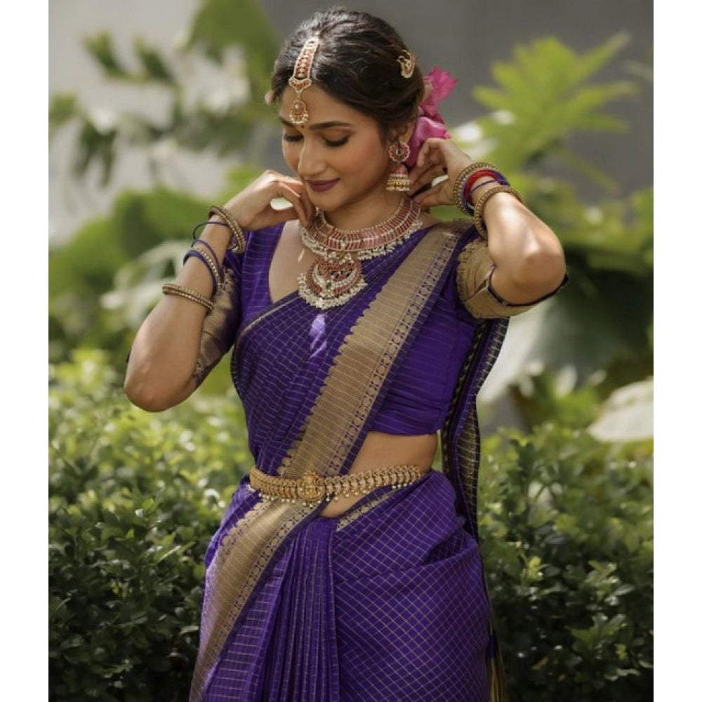 Purple Banarasi silk printed saree with unstitched blouse (5.5mtr), traditional Indian women's fashion on display
