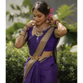 Purple Banarasi silk printed saree with unstitched blouse (5.5mtr), traditional Indian women's fashion on display