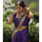 Purple Banarasi silk printed saree with unstitched blouse (5.5mtr), traditional Indian women's fashion on display
