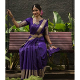 Purple Banarasi silk printed saree with unstitched blouse (5.5mtr), elegant Indian wear on mannequin