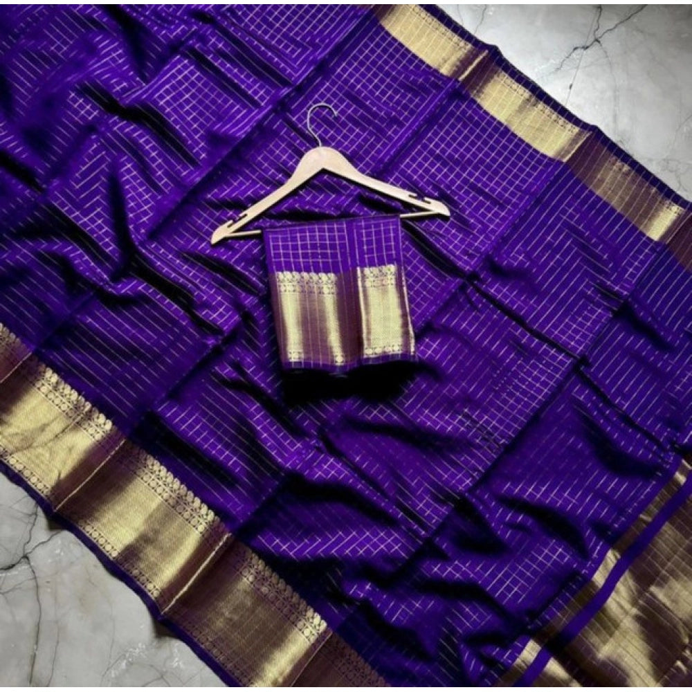Purple Banarasi silk printed saree with unstitched blouse (5.5mtr), elegant Indian women's wear on mannequin