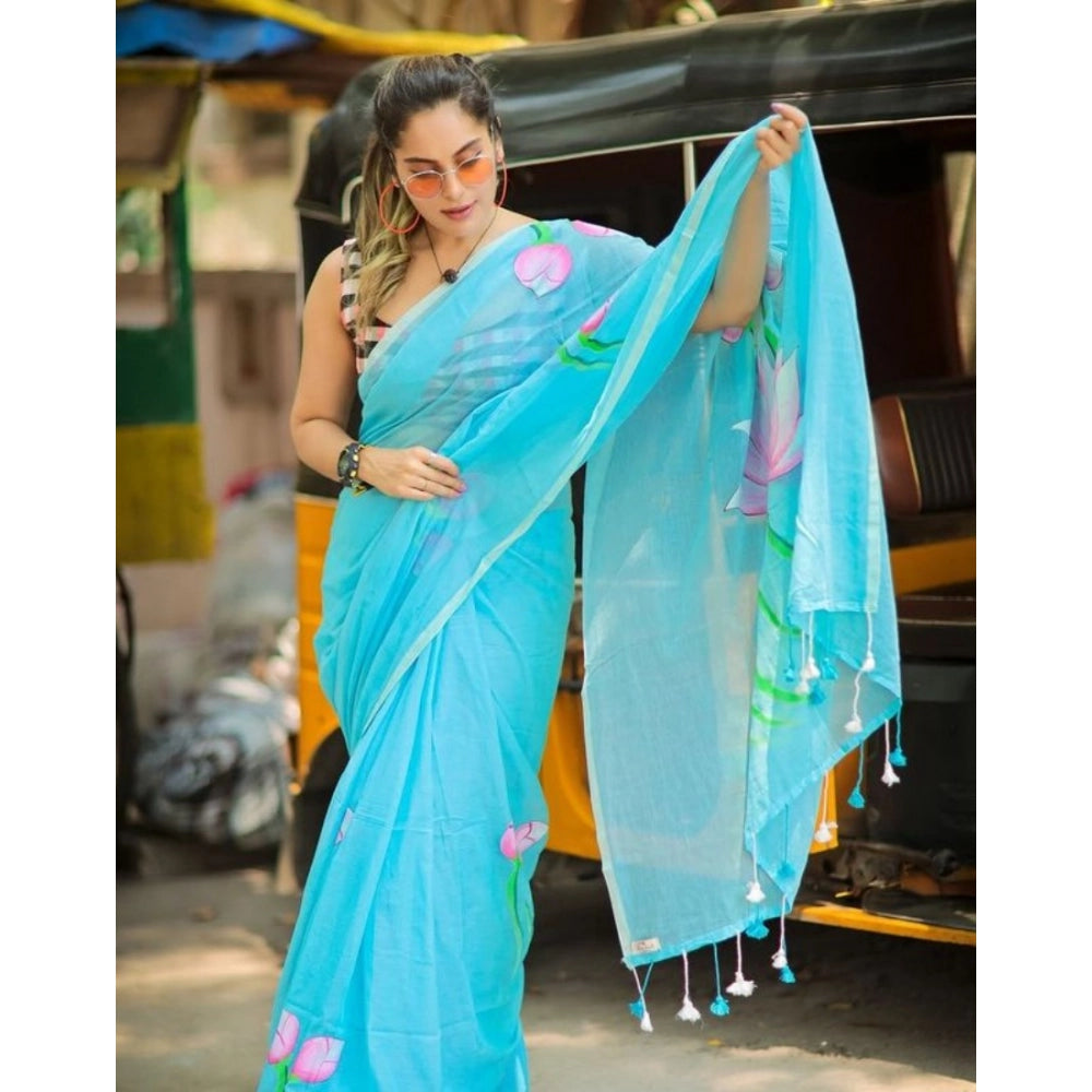 Light blue linen printed saree with unstitched blouse, vibrant Indian fashion for women